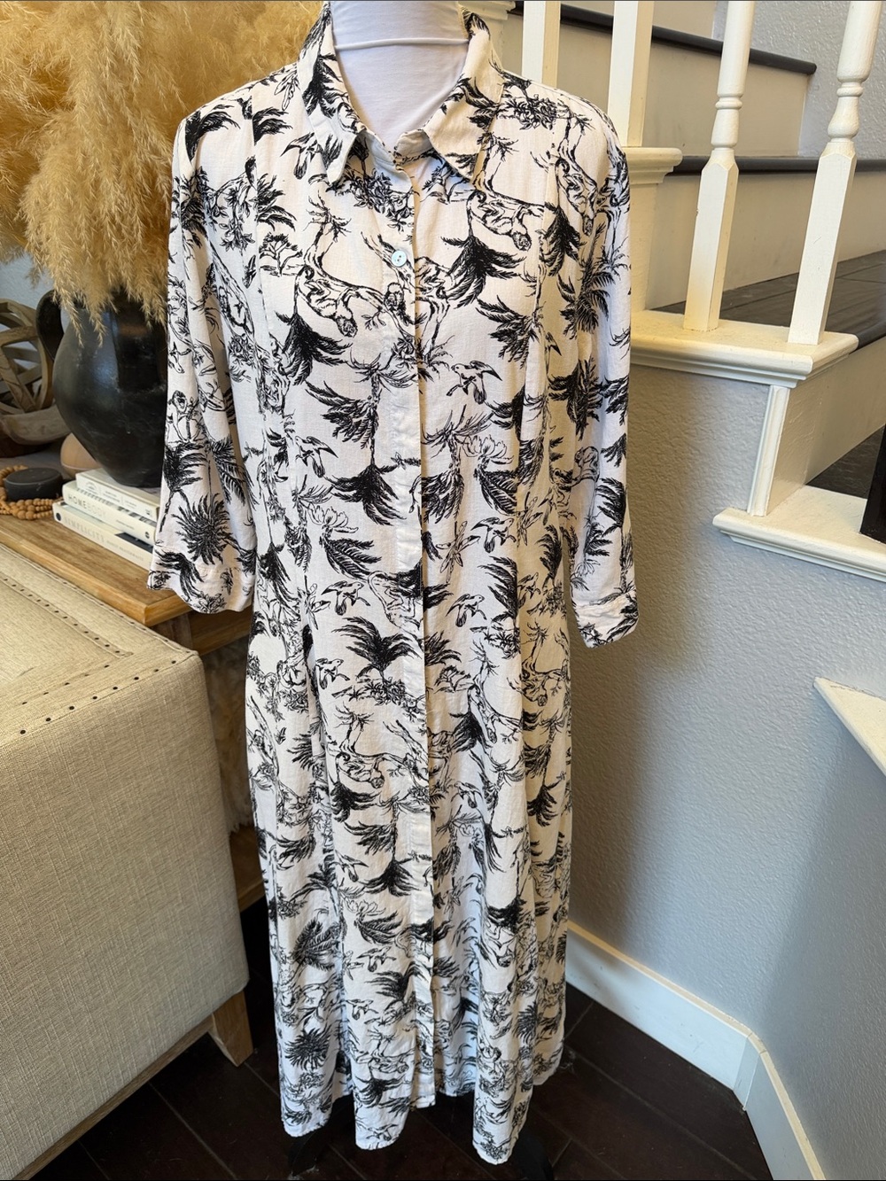 Joie Linen Blend Safari Jungle Tropical Print Shirt Maxi Dress 3/4 Sleeve XL - Picture 2 of 8